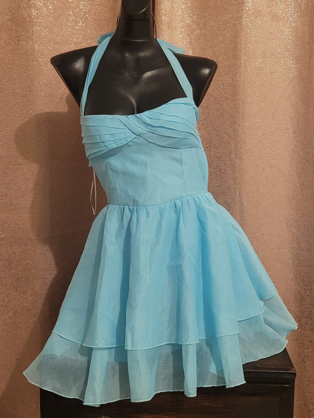 Halter Neck Tiered A-Line Dress in Light Aqua